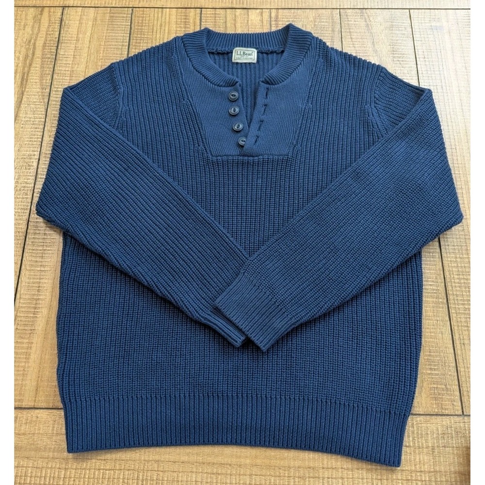 C7 L.L. BEAN Mens Henley SWEATER Long Sleeve Navy BLUE Cotton Size L